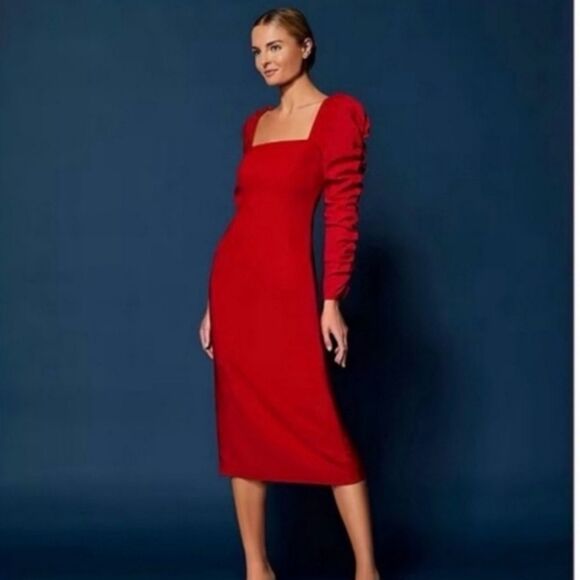 NWT Antonio MelaniElena Crepe Square Neck
Long Ruched Sleeve Midi Dress-PP14 - Picture 1 of 7